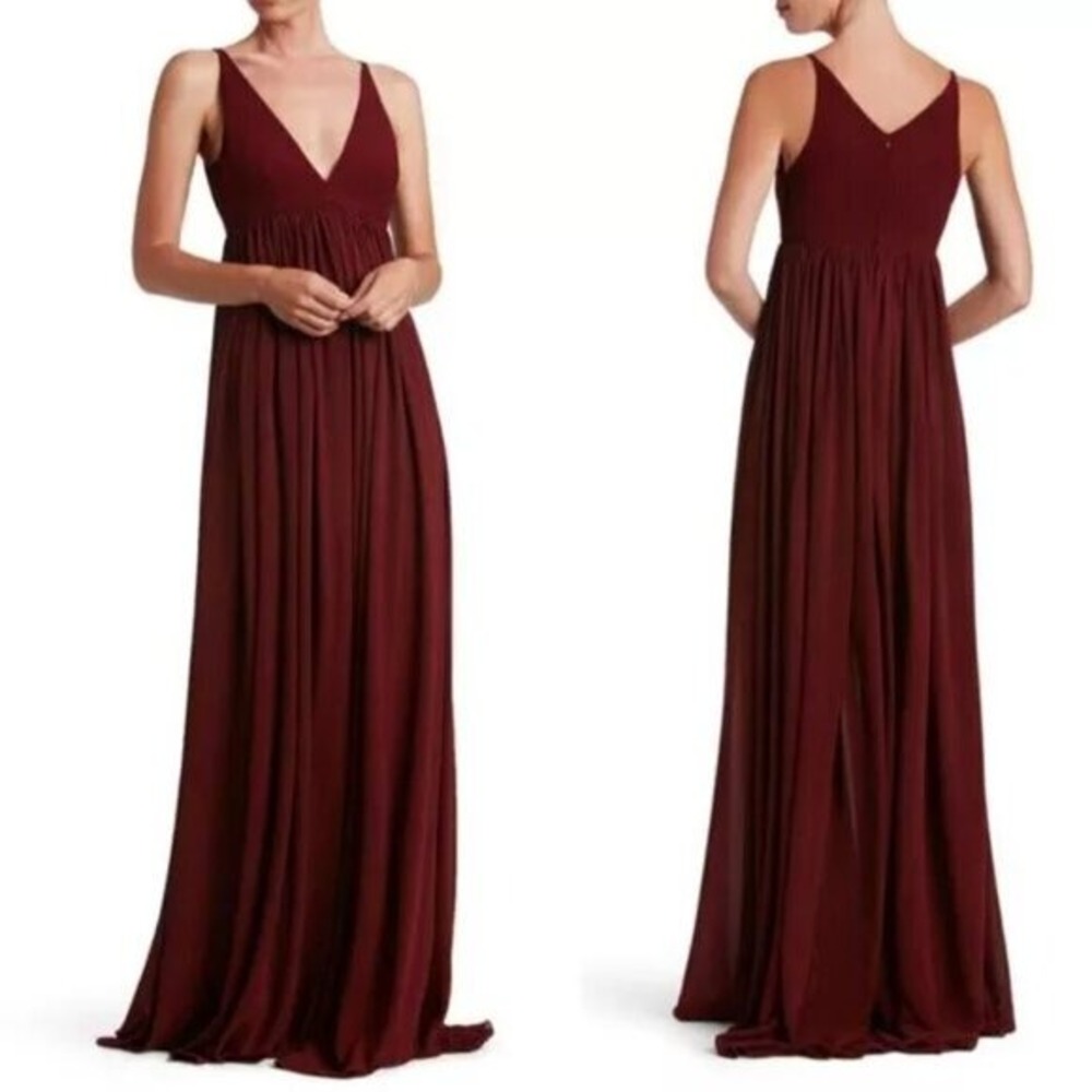 Dress The Population Anabel Burgundy V-Neck Chiffon Maxi Gown Dress Small